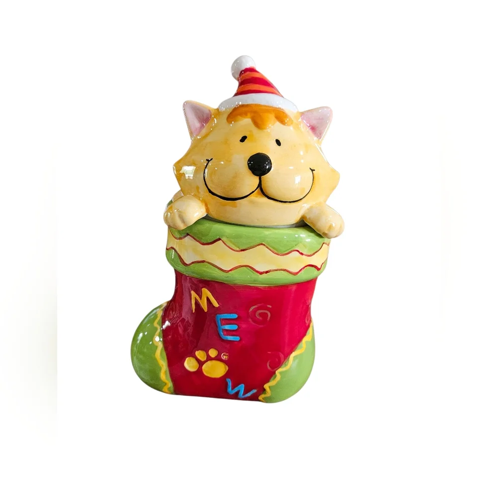Festive Cat in Stocking Ceramic Cookie Or Treat JAR meow